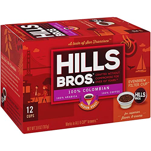 HILLS BROS SINGLE SERVE COFFEE PODS, 100% COLOMBIAN GROUND COFFEE, MEDIUM ROAST, 12 COUNT – KEURIG COMPATIBLE, ROASTED 100% ARABICA BEANS, SMOOTH BALANCED FLAVOR