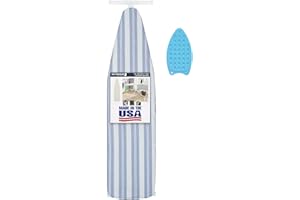Ironing Board Full Size; Made in USA by Seymour Home Products (Blue Stripe) Bundle Includes Cover, Pad, and Silicone Iron Rest | Iron Board w/Steel T-Legs Adjustable from Tabletop up to 35" High
