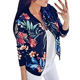 Gillberry Women Stand Collar Long Sleeve Zipper Floral Printed Bomber Jacket (Blue, M)