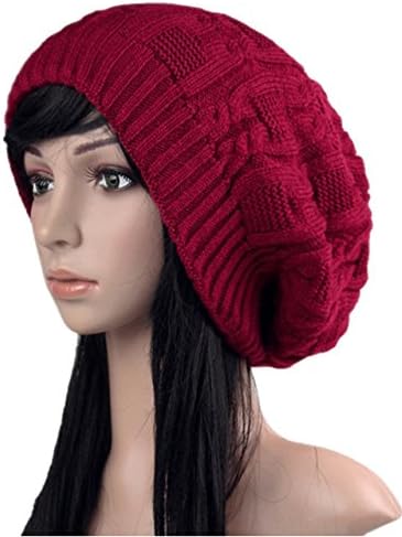 USOLDFLY Women's Thick Slouchy Knit Oversized Beanie Cap Hat Winter Warmming Cap Wine Red One Size