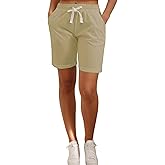 XinYangNi Women's Elastic Waist Casual Comfy Cotton Linen Beach Shorts with Drawstring Knee Length Curling Bermuda Shorts