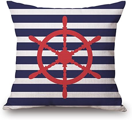 Wevda Red Nautical Steering Wheel Pillow Cover Throw Pillowcase 18 X 18 Square with Blue Stripe Throw Pillow Cover Cushion