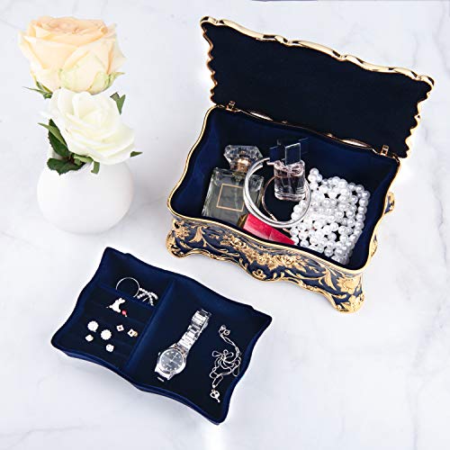 Feyarl Vintage Rectangle Trinket Box Jewelry Box Ornate Antique Finish Engraved with Two- Layer Organizer Box for Christmas Gift (Blue) 7.1 x 4.7 x 3.1 inches