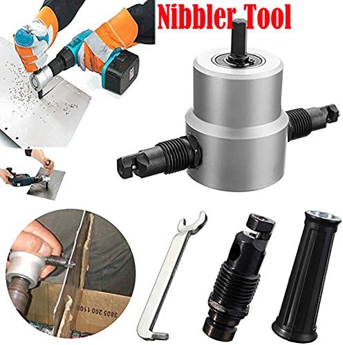 FashionSun Double Head Sheet Nibbler Metal Cutter,360 Degree Drill Attachment Metal Nibbler Tool Kit with Wrench and Extra Nibbler Parts (5Pcs Set)