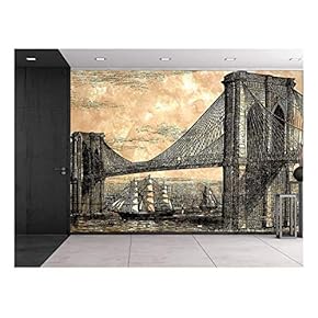 Engraved Illustration - Brooklyn Bridge - 1883 - Suspension Bridge with Sailed Ships Navigating Below. - Wall Mural, Removable Sticker, Home Decor - 66x96 inches