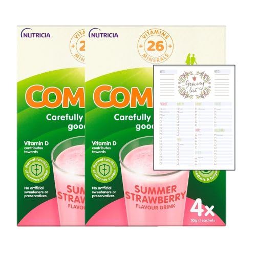 Nutritional Drink Sachets Bundle which Contains Complan Strawberry Shake Sachets 4 x 55g - Pack of 2 with Grocery List Card