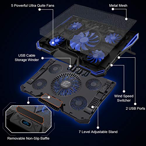 Carantee Laptop Cooling Pad 5 Quite Fans Notebook Cooler Pad USB Powered, Blue LED Light, 7 Level Adjustable Mount Stands (Blue) - Thumbnail 3
