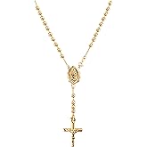Savlano 925 Sterling Silver Italian Solid Bead Chain Cross & Rosary Virgin Mary Pendant -18K Gold Plated Y Necklace Comes With Gift Box for Women - Made in Italy
