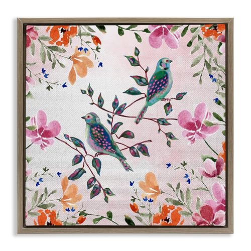 Stupell Industries Two Birds & Country Florals Brown Framed Floater Canvas Wall…