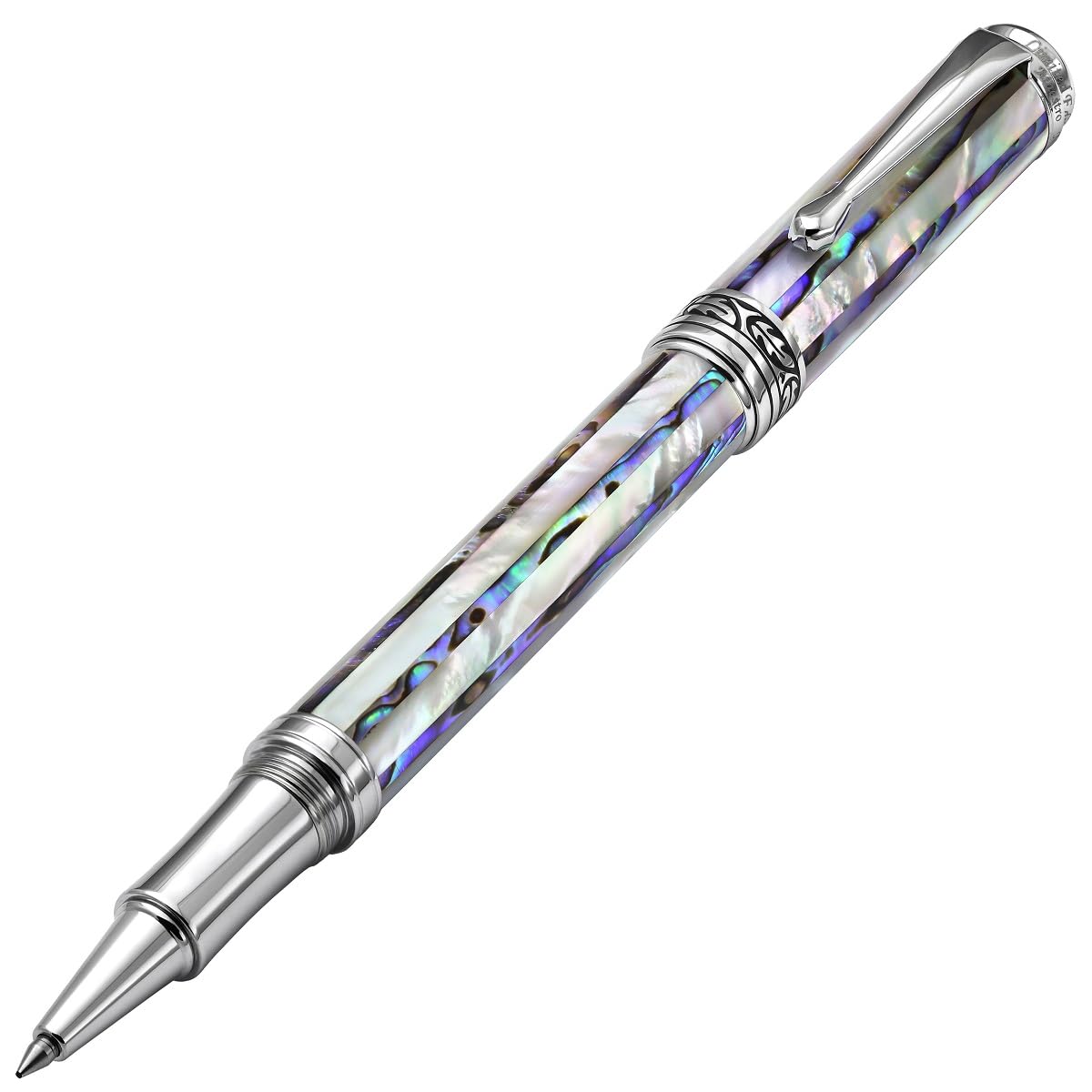 Xezo Maestro Jubilee Rollerball Pen, Fine Point. Oceanic White Mother of Pearl and Iridescent Pāua Abalone Shell. Limited Edition, Only 223 Pieces Made. Handmade, No Two Pens Alike
