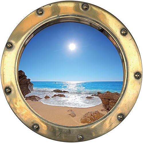 H316 Self-Adhesive Optical Illusion Sticker, Porthole Sun Beach Design, 30 x 30 cm