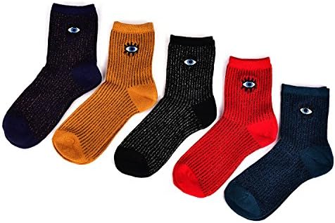 5 Pack Women's Cotton Socks Vintage Cusual Crew Sock with Golden Sparkling Stripes (5 Colors, Fits Shoe Size: 5-10)
