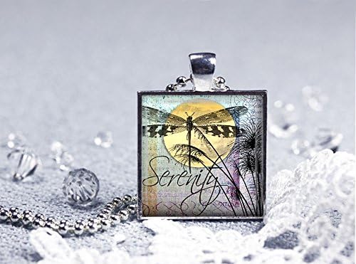 Serenity Bezel Square Glass Tile Pendant Necklace, Dragonfly Inspirational Nature Jewelry
