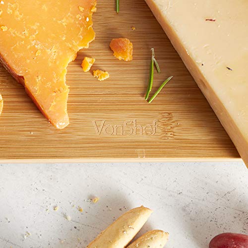 VonShef Bamboo Cheese Board Server Plate with Integrated Wire Cutter and 4 Piece Stainless Steel Cheese Knife Serving Utensil Set, wooden, with Gift Box