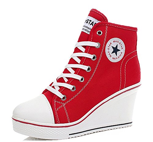 Padgene Women's Sneaker High-heeled Fashion Canvas Shoes High Pump Lace UP Wedges Side Zipper Shoes (8 US, Red)