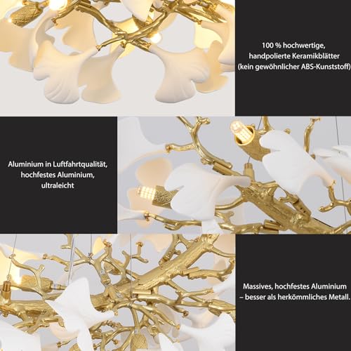 PIOUTNF Branch Chandelier, Modern Dining Table Chandelier, Ceramic Ginkgo Leaf Chandelier, 10 x G9, Dimmable, L91.5 cm, Suitable for Living Room, Hallway, Kitchen, Bedroom, Without Bulb