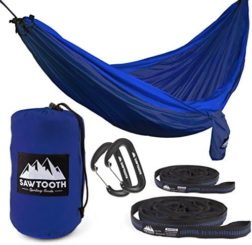 Sawtooth Double Camping Hammock with Tree Straps and Aluminum Carabiners - Complete KIT - Lightweight Portable Parachute Nylon for Backpacking Hiking Travel Beach Park Yard.