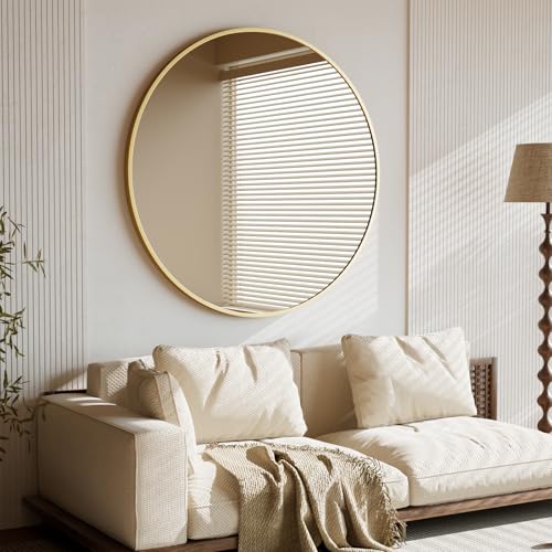BEAUTYPEAK 106 cm Runder Spiegel, Wandspiegel mit Gold Aluminiumrahmen