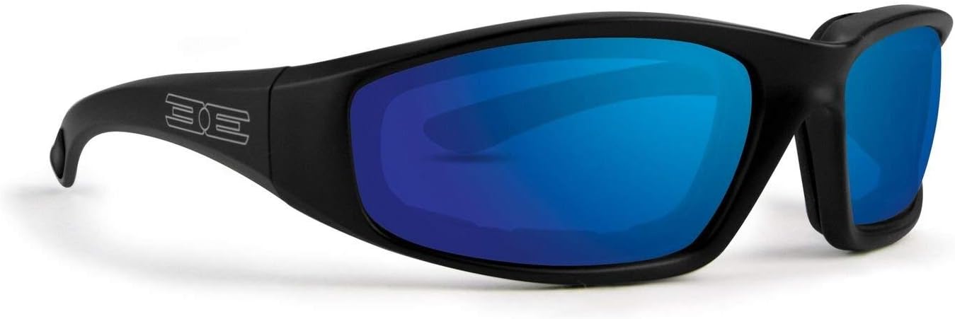 Epoch Foam Padded Motorcycle Sport Sunglasses Black Frames Blue Mirror Lens