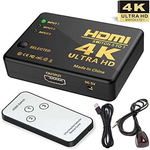 HDMI Switch Switcher Selector Splitter Hub Supports 4K 3D Full HD1080p with IR Remote Control and Power Supply
