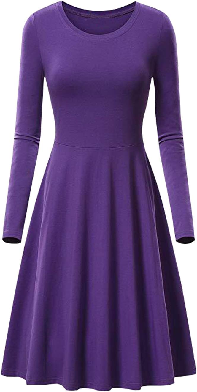 Womens Casual Dress Round Neck Swing Dress Long Sleeve Purple 3XL
