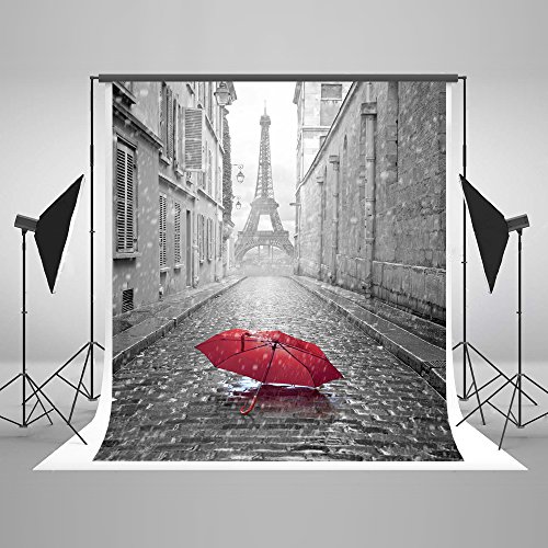 5x7ft Cotton Polyester Rain Paris Eiffel Tower Red Umbrella Party Decorations Photo Backdrop Seamless Folding and Washable No Creases Photography Studio Background