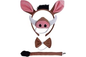 Warthog Costume Set, Warthog Ears Headband Nose Bowtie and Tail Costume Accessories for Adult Halloween Dress Up Play Party