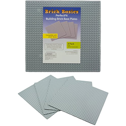 Lego Compatible Baseplate, Gray, Large (10" x 10"), 4 Pack by Brick Basics