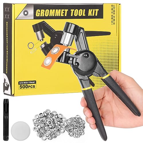 Grommet Tool Kit, Premium Eyelet Plier Set, Safe and Effortless, 3/8 inch Handheld Grommet Eyelet Pliers with 500 pcs of 10 mm Grommets, Ideal Eyelet Tool for Canvas, Fabrics, and Awnings