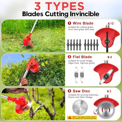 Cordless Strimmer Electric with Battery and Charger, 3-in-1 Electric Grass Trimmer Telescopic Grass Cutter, with 3 types 16 Blades 2 Batteries, for Garden Mowing, Edging, Sawing of Lawn and Shrubs