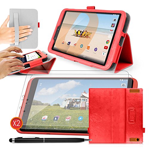 ORZLY - TESCO HUDL 2 Tablet Case with Built-In Hand Strap & Integrated Stand - RED Case / Cover / Skin with Built-In PropUp Stand (Dual Angle for Viewing & Typing Positions) - designed by ORZLY exclusively for Tesco Hudl 8.3 inch Tablet (Tesco's 2nd Tablet - Released in 2014) Case includes BONUS: ORZLY Stylus Pen & 2x Sceen Protectors