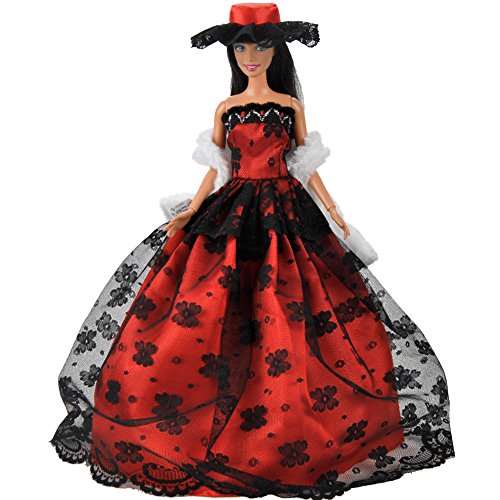 E-TING Fashion Red Black Lace Doll Clothes Evening Party Dress Ballgown with Hat for Barbie Fashionista Dolls