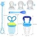 UniBetter Baby Food Feeder Pacifier 2 PCs Pacifier Clips 2 PCs Baby Feeding Spoons 3 PCs Replacement Silicone Pouches Baby Fruit Teething Toys for Toddlers Infant Baby Shower Gift (Blue Set)