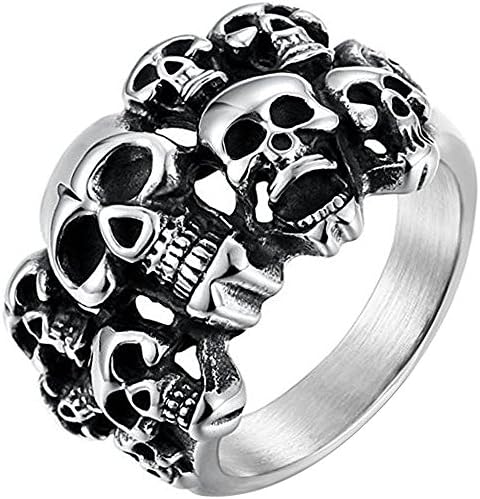 XAHH Men's Vintage Classic Gothic Embossed Skull Biker Stainless Steel Ring Band Silver Black