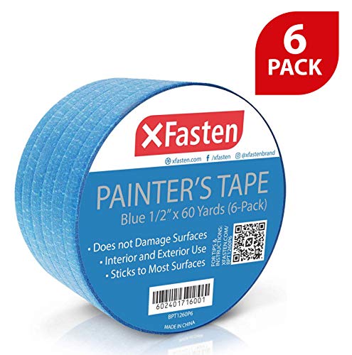 XFasten Professional Blue Painters Tape, Multi-Use, 1/2-Inch by 60-Yard, Pack of 6, Masking Tape Blue