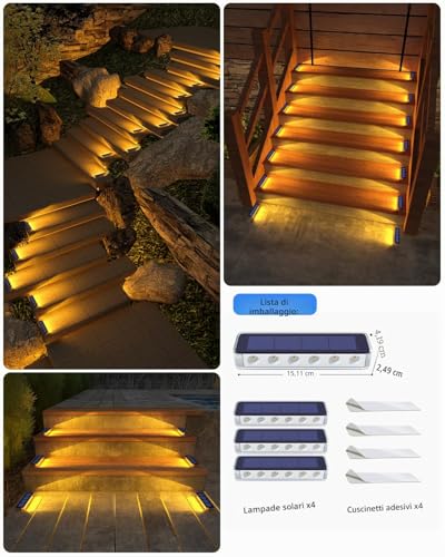 DetarZinLED Solar Garden Lights, 4 Pieces Outdoor LED Solar Light, IP68 Waterproof Outdoor LED Step Light, Warm White Outdoor Solar Lights for Stairs, Garden, Terrace, Driveway, Patio