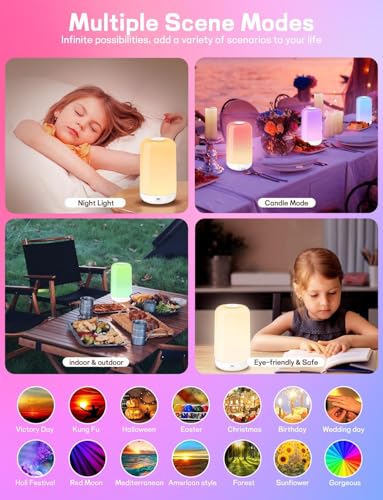 Smart Bedside Touch Table Lamp, App Control & Color Changing, Rechargeable Cordless LED Night Light, 3600mAh Battery, RGB Dimmable for Kids Bedroom, Nursery, Living Room, Desk, Ramadan Decor Gift