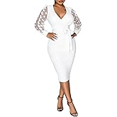 Ophestin Women's Long Puff Sleeve Bodycon Dress Mesh Bishop Sleeve Sexy V Neck Party Church Work Midi Dresses