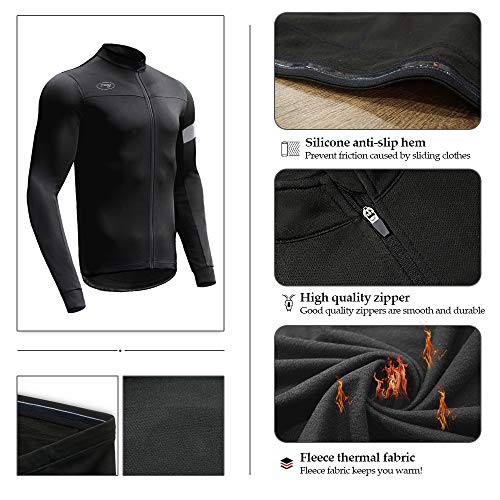 Men's Winter Thermal Fleece Cycling Bike Jersey Reflective Windproof Running Long Sleeve Jacket Warm Breathable Bicycle Softshell Black