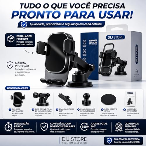 Suporte Celular Veicular para Carro 360° Premium, Ventosa Ultra Forte, Antivibração, Sistema Antiqueda Reforçado, Ajuste 4 Eixos, Fixação Firme no Painel e Vidro, Compatível com Todos Celulares