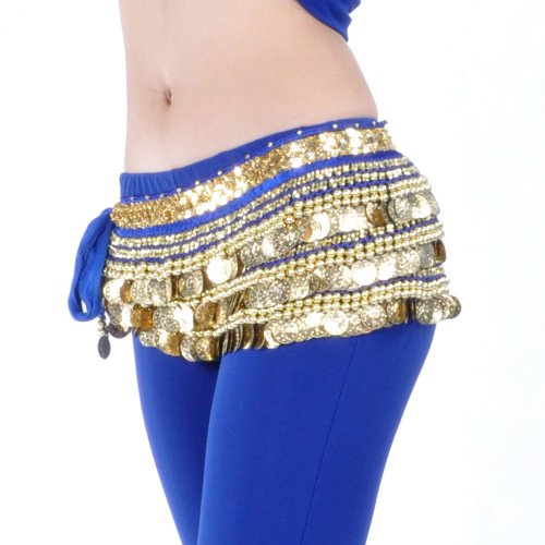 BellyLady Multi-Row Gold Coins Belly Dance Skirt Wrap & Hip Scarf, Gift Idea-NavyBlue