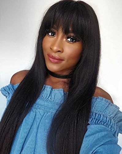 COLODO Synthetic Wigs For Black Women With Bangs Natural Black Long Yaki Straight Hair None Lace Wigs For Women Hair Replacement Wigs