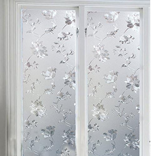 Prismoon No Glue 3D Static Decorative Frosted Privacy Window Films for Glass 23.6 x 157.4inch (60 X 400cm) Upgrade Version for Home Kitchen Office Pattern Hibiscus