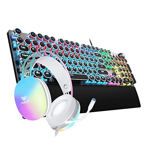 AULA Typewriter Style Keyboard and Gaming Headset Combo, RGB Rainbow Backlit Keyboard Headset Set, Wired Blue Switches Mechanical Keyboard + USB PC Gaming Headset with Microphone