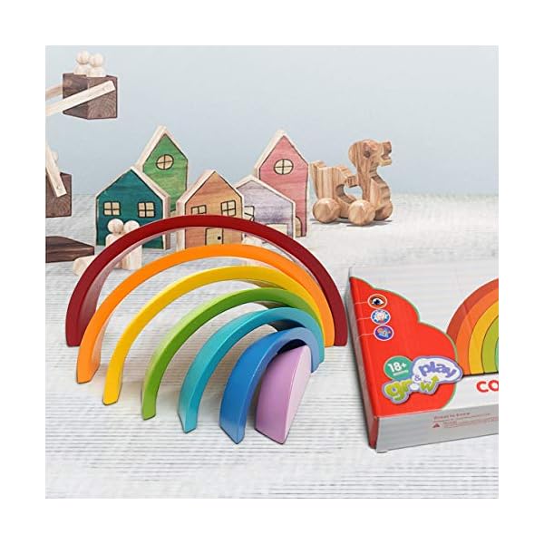 king do way Educational Toy Building Blocks, Wooden Rainbow for Learning, Puzzle Toy Geometry Bricks (Rainbow)