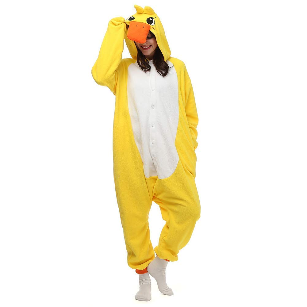 dressfan Unisex Adults Yellow Duck Onesie Pajamas Duck Halloween Carnival Costume Christmas Pajamas for Women Men,M