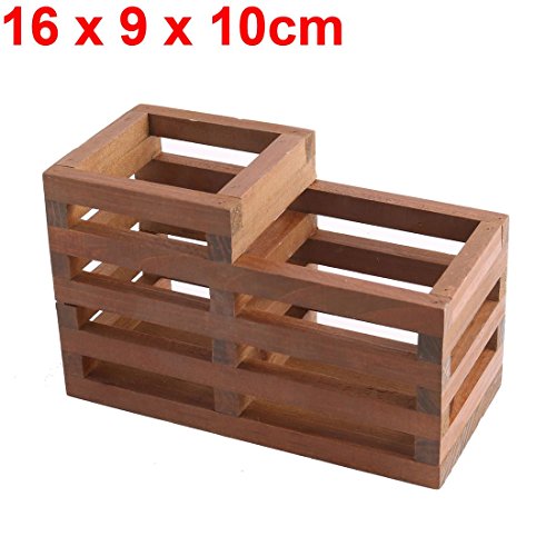 DealMux Wood Office School Hollow Out Two Compartment Pen Ruler Pencil Holder Organizer