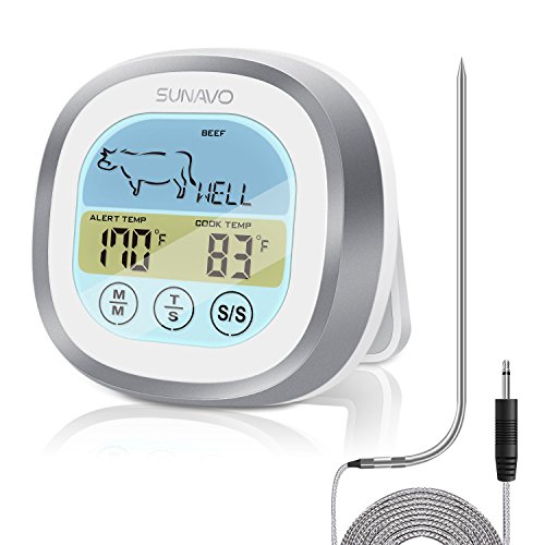 Sunavo MT-04 Touchscreen Cooking Meat Thermometer Digital Food Thermometer Instant Read with Timer Alert for Kitchen Oven Cooking BBQ Grill Smoker with Stainless Steel Temperature Probe