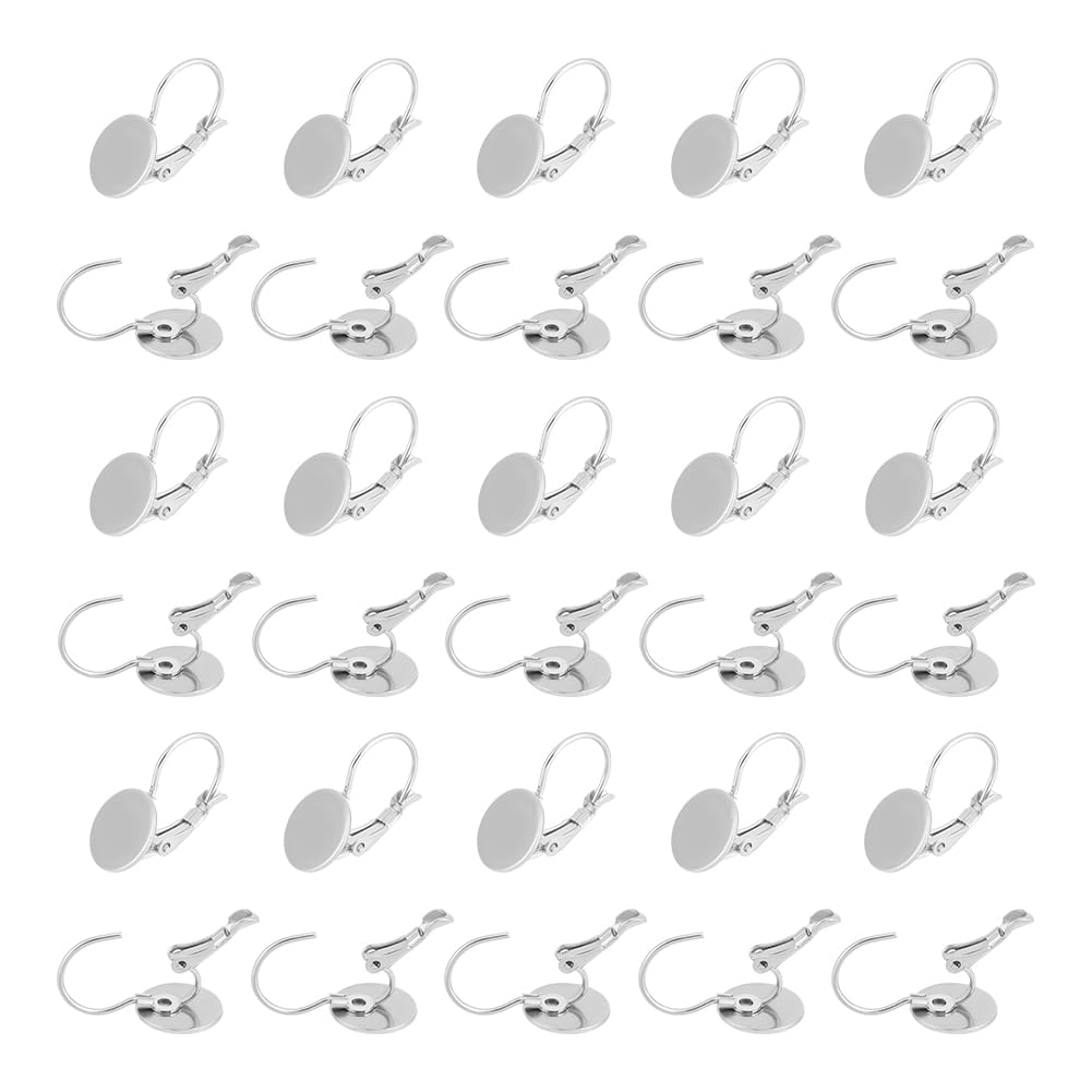 UNICRAFTALE 40Pcs Stainless Steel Leverback Earring Findings Flat Round Blank Earring Cabochons Earring Bezel Tray Hoop Earring Accessories for Leverback Earrings Dangle Jewelry Making