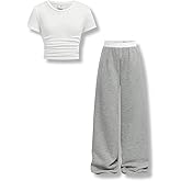 Voxikodex 7-14 Years Girls Sizes 2 Piece Casual Set Ruched Short Sleeve Fitted Waist-Cinched Top & Wide Leg Pants